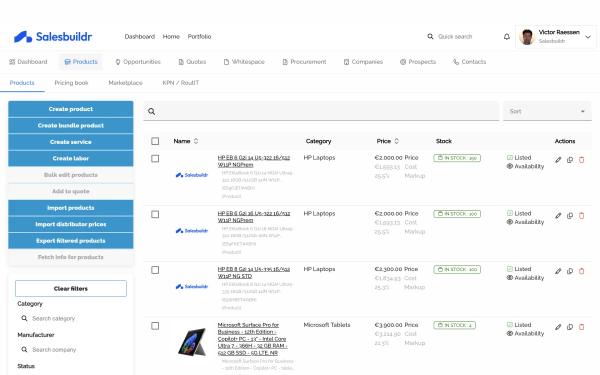 Product catalog with distributor cost and margin