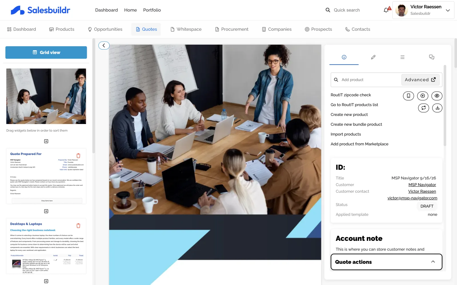 Salesbuildr quote editor with a branded cover page